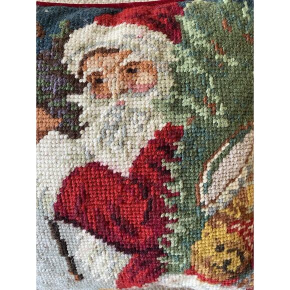 Vintage‎ Needlepoint Small Christmas Pillow Santa Teddy Bear Toy Drum Red Velvet - Picture 2 of 6